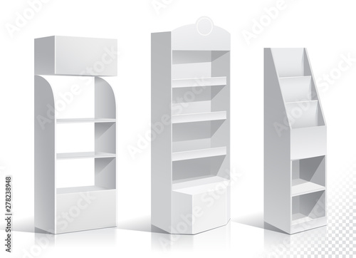 White Empty Displays With Shelves Products.Display on Isolated white background. Mock-up template. Product Packing Vector