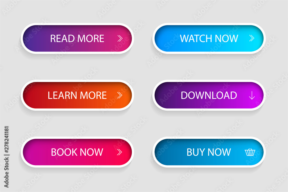 Set of trendy action button for web, mobile app.Template navigation button menu.Gradient icon for shop, game, banner.vector