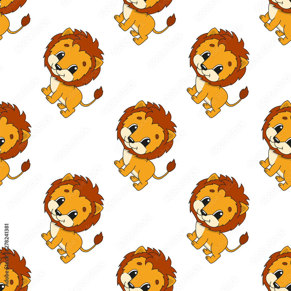 Obraz premium Happy lion. Colored seamless pattern with cute cartoon character. Simple flat vector illustration isolated on white background. Design wallpaper, fabric, wrapping paper, covers, websites.