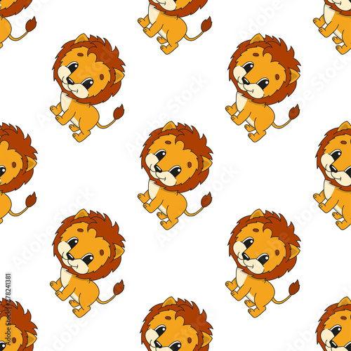 Fototapeta Naklejka Na Ścianę i Meble -  Happy lion. Colored seamless pattern with cute cartoon character. Simple flat vector illustration isolated on white background. Design wallpaper, fabric, wrapping paper, covers, websites.