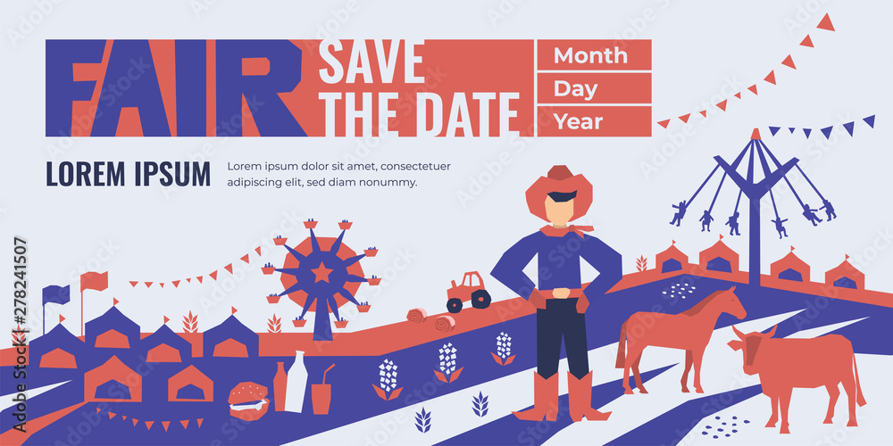 Vector detail illustration of State Fair. Event poster with food market, ferris wheel, farm animals, country fair. Design template for invitation, landing page, banner, print, flyer. Save the date. - obrazy, fototapety, plakaty 