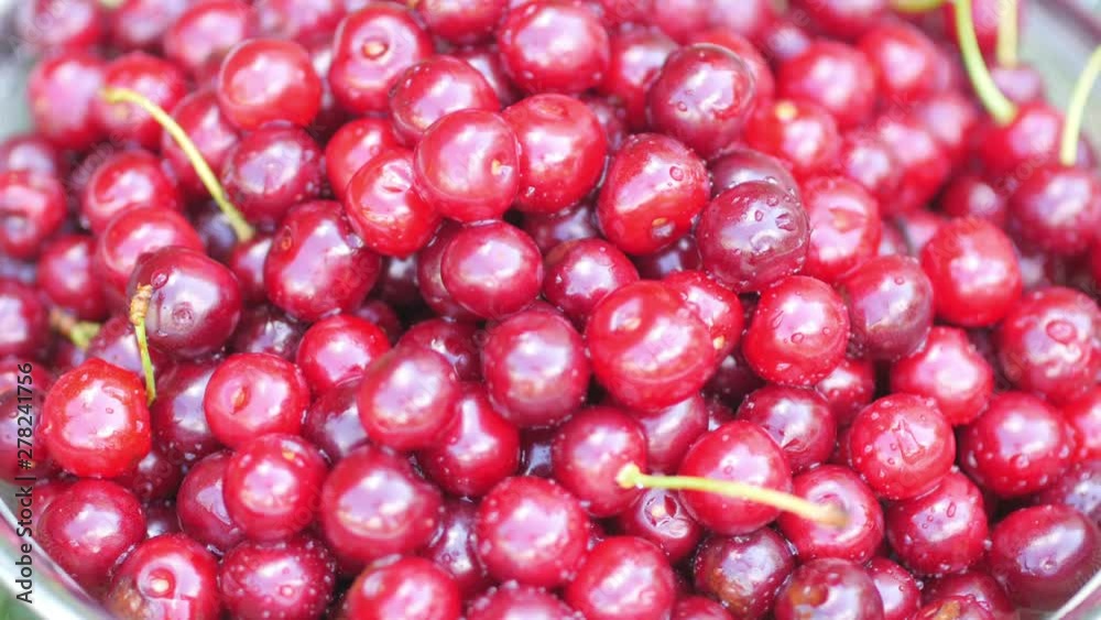 Top view Closeup of fresh ripe cherries on green natural background. Tasty and healthy fruits. 4K UHD video Top view Closeup of fresh ripe cherries on green natural background. Tasty and healthy fruits. 4K UHD video