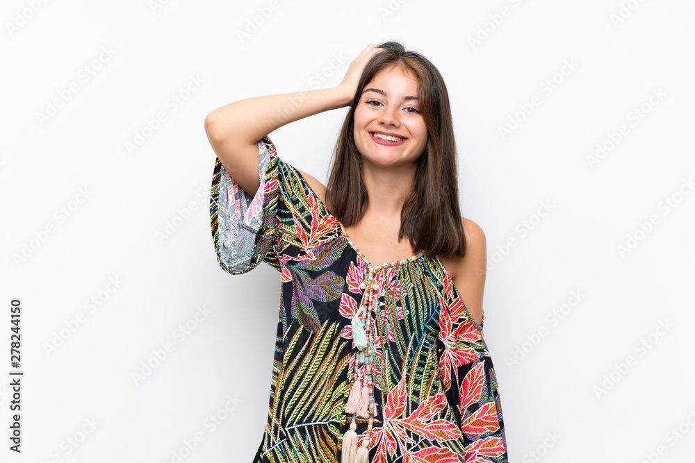 Caucasian young woman in colorful dress on isolated white background laughing Caucasian young woman in colorful dress on isolated white background laughing