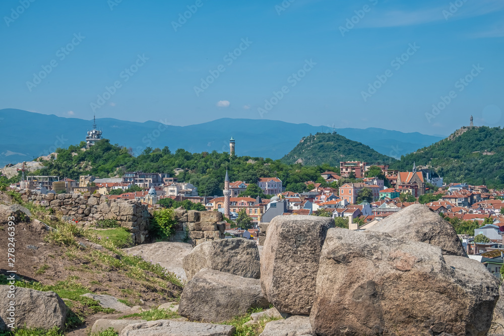 Views of the city of Plovdiv from the top of Nebet Tepe one of its seven legendary hills, where the acropolis used to be, Bulgaria