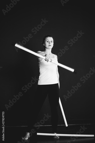 Juggler woman do his sticks performance, Circus artist training  