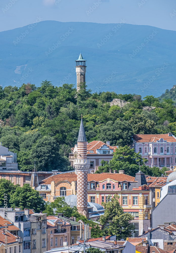 The iconic clock tower of Plovdiv, on top of the Sahat Tepe (Danov hill), Bulgaria