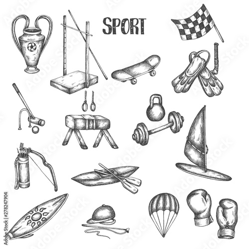 Sports vintage hand drawn vector illustrations. Sport and fitness set. Euipment sketch icons in retro style Trophy drawing photo