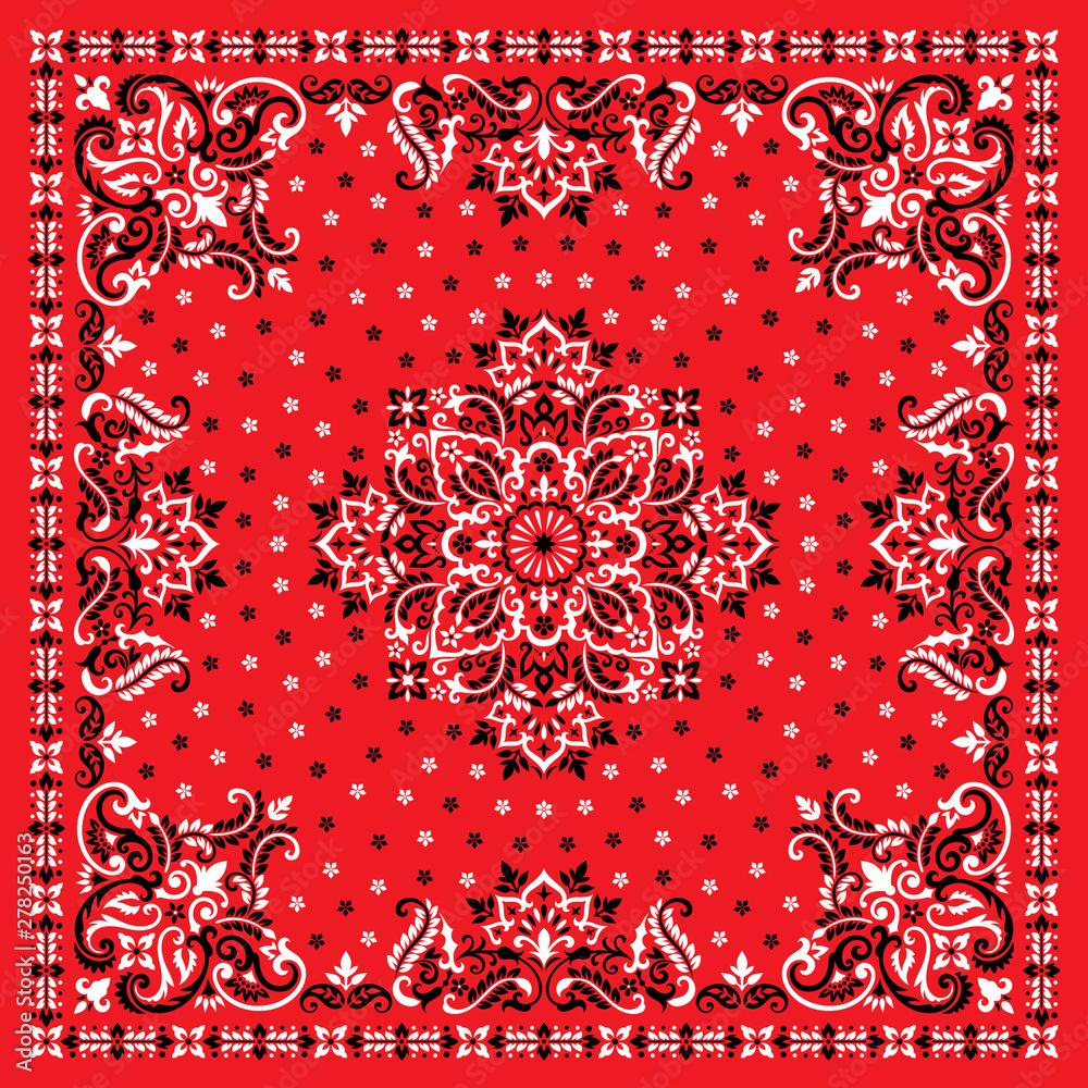 Vector ornament Bandana Print. Traditional ornamental ethnic pattern with  paisley and flowers. Silk neck scarf or kerchief square pattern design  style, best motive for print on fabric or papper. vector de Stock