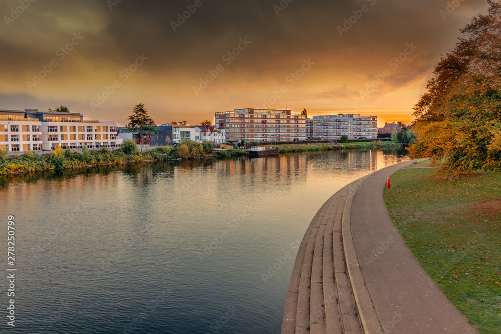 Victoria Embankment in Nottingham with dramatic orange sky at sunset