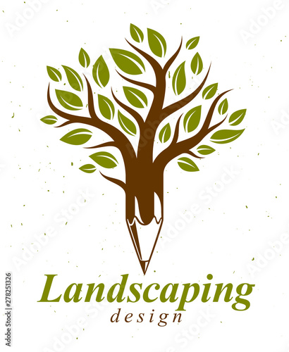 Beautiful tree with pencil combined into a symbol, landscaping design vector classic style logo or icon. Creativity concept, art and design allegory.