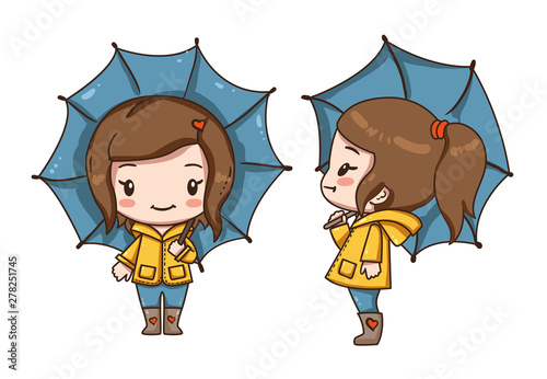  Vector illustration of cute chibi character isolated on white background. Cartoon little girl with umbrella. Front view and side view girl.