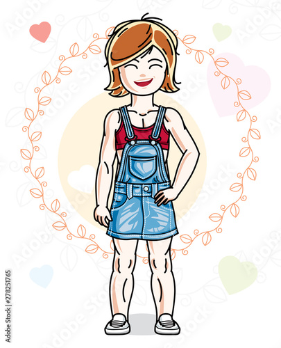Little redhead cute child in wearing different casual clothes and standing on colorful backdrop with hearts. Vector illustration of nice girl.