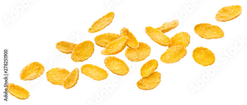 Stampa su tela Falling corn flakes, traditional breakfast cereal isolated on white background