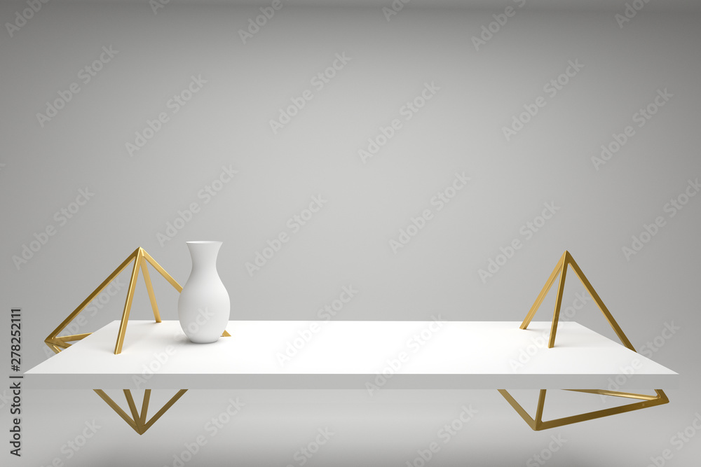 futuristic vase on a white table, golden geometric shapes, modern still  life. Minimalist design for poster, cover, branding, banner, placard. 3d  rendering. ilustración de Stock | Adobe Stock