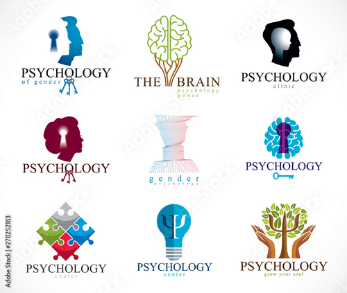 Psychology, human brain, psychoanalysis and psychotherapy, relationship and gender problems, personality and individuality, cerebral neurology, mental health. Vector icons or logos set.