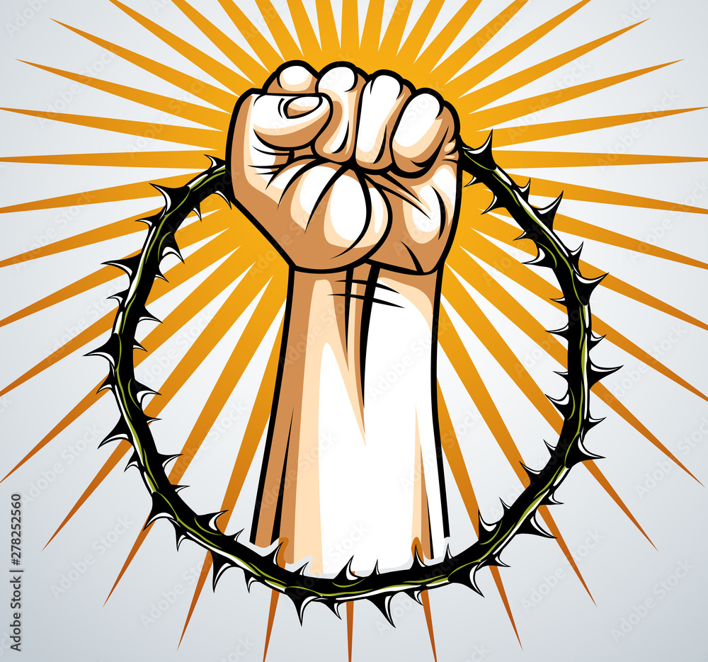 Φωτογραφία Slavery theme illustration with strong hand clenched fist fighting for freedom against blackthorn thorn, vector logo or tattoo, through the thorns to the stars concept