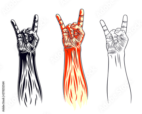 Rock hand sign set, music Rock and Roll gesture in flames, Hard Rock festival concert or club, vector labels emblems or logos, musical instruments shop or recording studio.