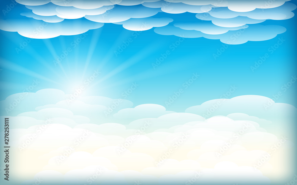 Simple sky background with clouds and sun.vector background view above the clouds. glowing blue sky.Sun rays in the clouds. Eps10 Vector Simple sky background with clouds and sun.vector background view above the clouds. glowing blue sky.Sun rays in the clouds. Eps10 Vector