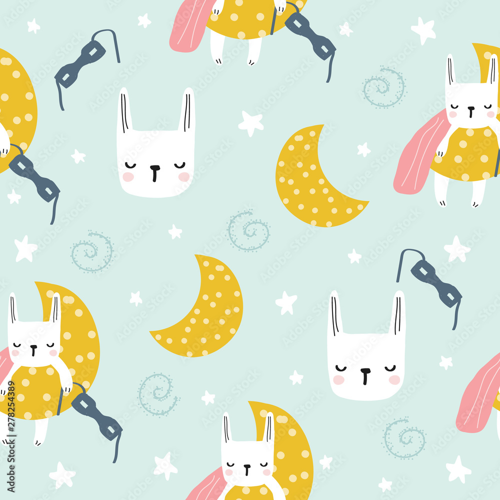 Pastel seamless pattern with bunny superhero sleeping on the moon. Trendy kids print. Vector hand drawn illustration.