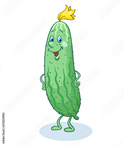 Funny young cucumber in cartoon style. Isolated on white background.