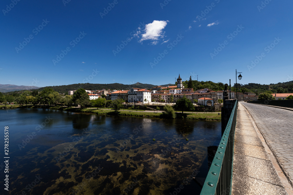View of the traditional village of Ponte da Barca in the Minho Region of Portugal, with the Lima River.