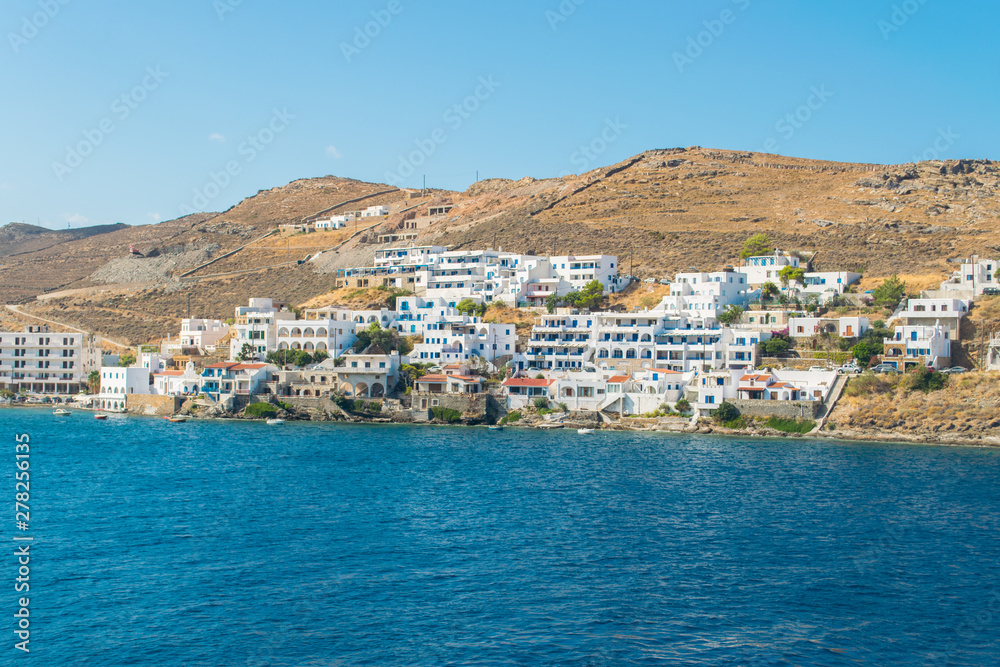 Panoramic view of the traditional white houses of Kythnos aegean island in Cyclades, Greece