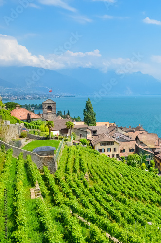 Swiss village Saint Saphorin on the coast of Geneva Lake, Lac Leman in French. Terraced vineyards on the slopes adjacent to the lake. Beautiful Switzerland. Holiday spot. Nature, countryside