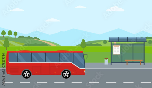 Rural landscape with road, bus stop and moving bus. Green hills, blue sky, meadow and mountains. Flat style vector illustration.