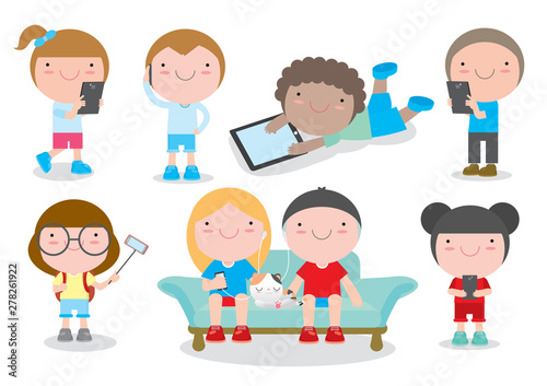 kids with gadgets, Kids Characters Boy and Girl with Mobile,children with gadgets, kid Tablet, People with their gadgets, children Tablet, kids with Mobile, child with Mobile, Vector Illustration.