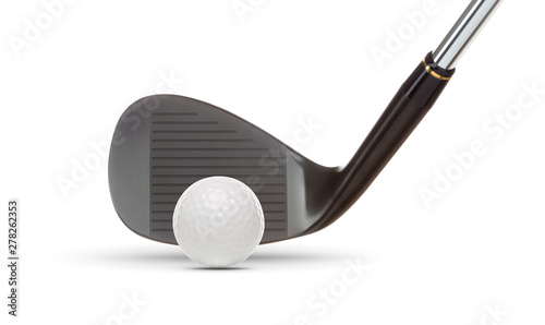Black Golf Club Wedge Iron and Golf Ball on White Background