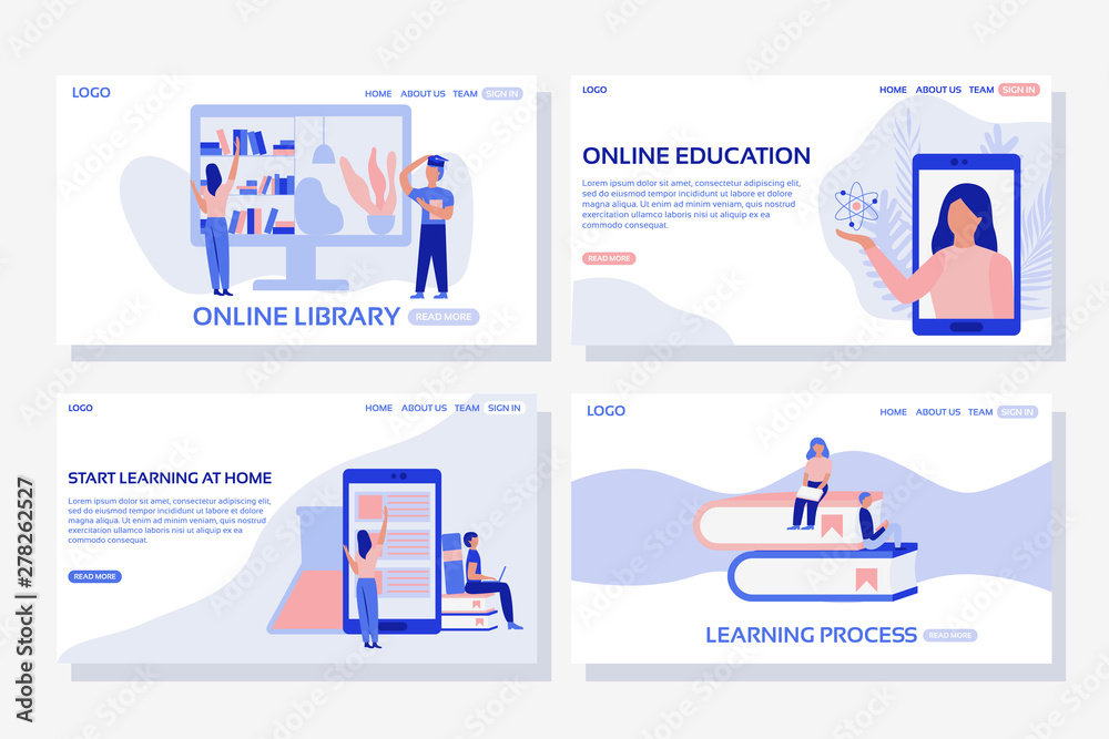 Online education web page concepts. Web page design templates set of online education, library, learning at home, learning process. Modern vector illustration designs for website development