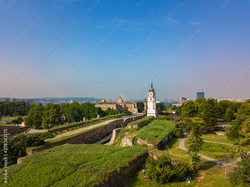 Aerial view to Kalemegdan fortress at Belgrade. Summer photo from drone. Serbia