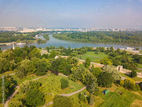 Aerial view to Kalemegdan park at Belgrade. Summer photo from drone. Serbia