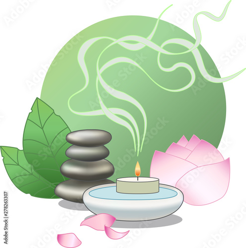spa essentials for relaxing atmosphere,  lotus, green leaves, candle with smoke and stones. Vector illustration