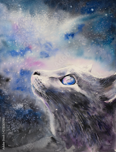 Cat under Blue Galaxy Night...
