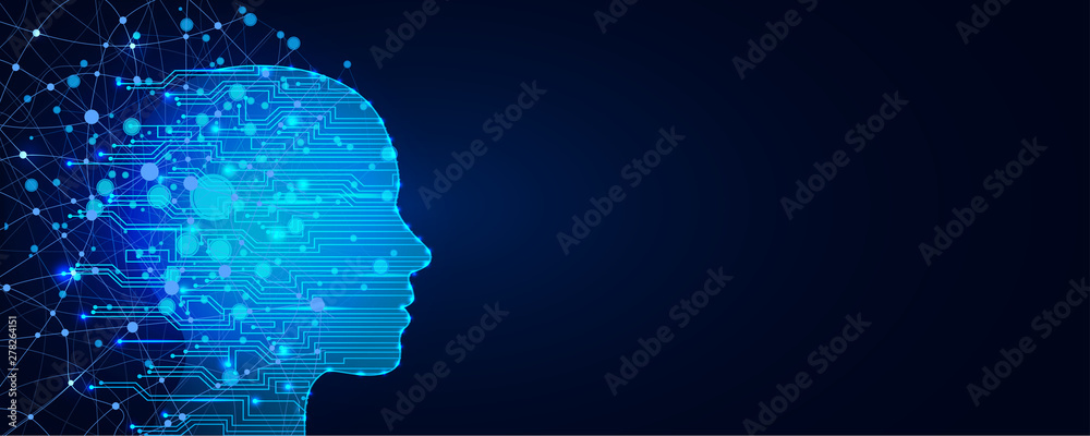 Artificial intelligence concept. Virtual technology web background. Machine  learning and cyber mind domination concept in form of women face. AI in  humanoid head with neural network thinks. Stock Vector | Adobe Stock