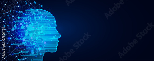 Artificial intelligence concept. Virtual technology web background. Machine learning and cyber mind domination concept in form of women face. AI in humanoid head with neural network thinks.