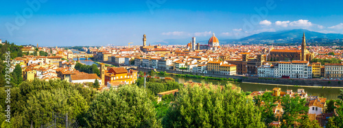 Florence, Italy. Panoramic landscape of Firenze on sunny day. Scenic view on Florence city from Piazzale Michelangelo