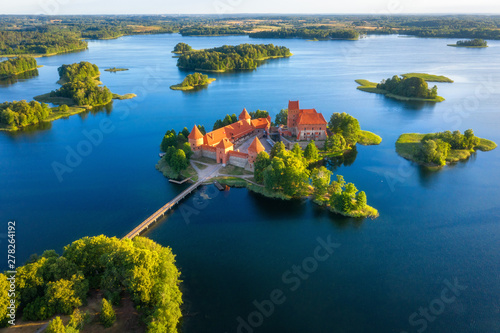 Trakai castle in Lithuania aerial view. Green islands in lake in Trakai near Vilnius