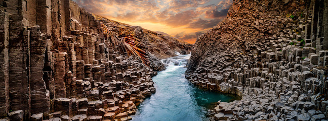 Breathtaking view of Studlagil basalt canyon, Iceland, Europe.