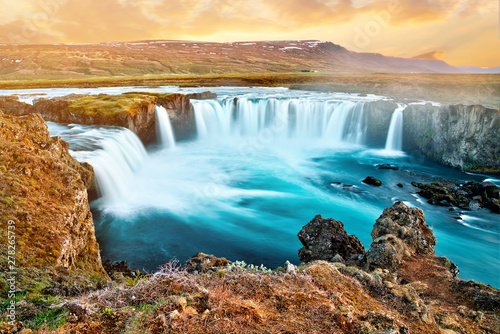 amazing Godafoss waterfall in Iceland during sunset  Europe