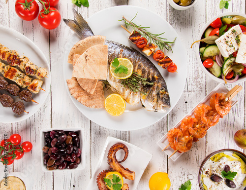 Greek food background. Trad...