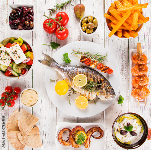 Greek food background. Trad...