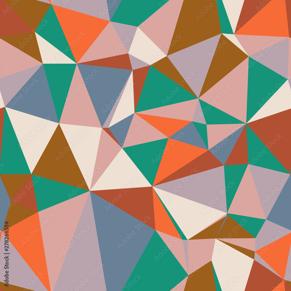 Colorful mesh network of triangles in comforting retro colors. Lattice, irregular, grid, random, low poly.  Seamless repeat vector pattern swatch.  Generative Art.