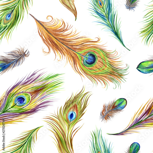 Peacock feather seamless pattern on white background, bright watercolor print for fabric and other designs. © Ollga P