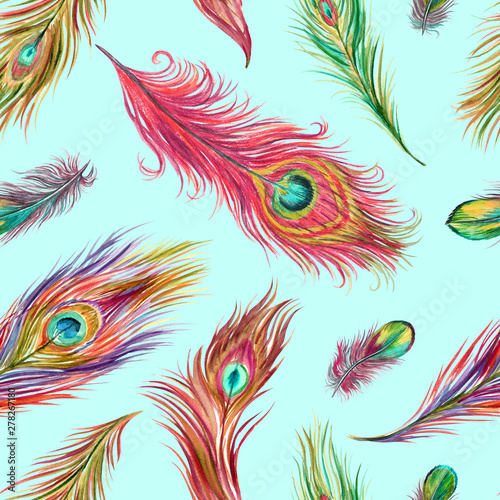 Peacock feathers seamless pattern on turquoise background  bright watercolor print for fabric and other designs.