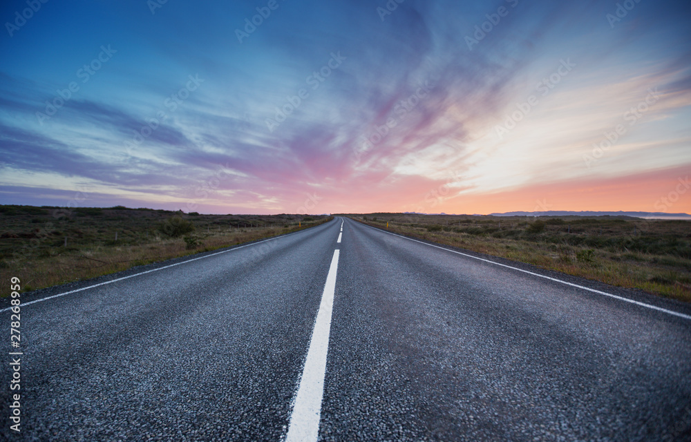 Travel to Iceland. Typical Icelandic landscape with Ring Road and scenic nature.