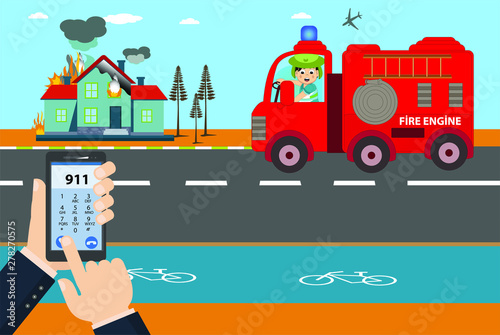 illustration of hand calling by phone to notify the fire engine. Emergency call 911 concept. Hand holding mobile phone with emergency number 911 on the screen. house fire.  fire department, fire briga