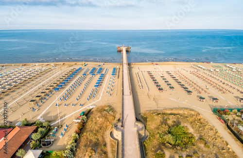 Aerial view of the Marina di Pietrasanta beach in the early morn