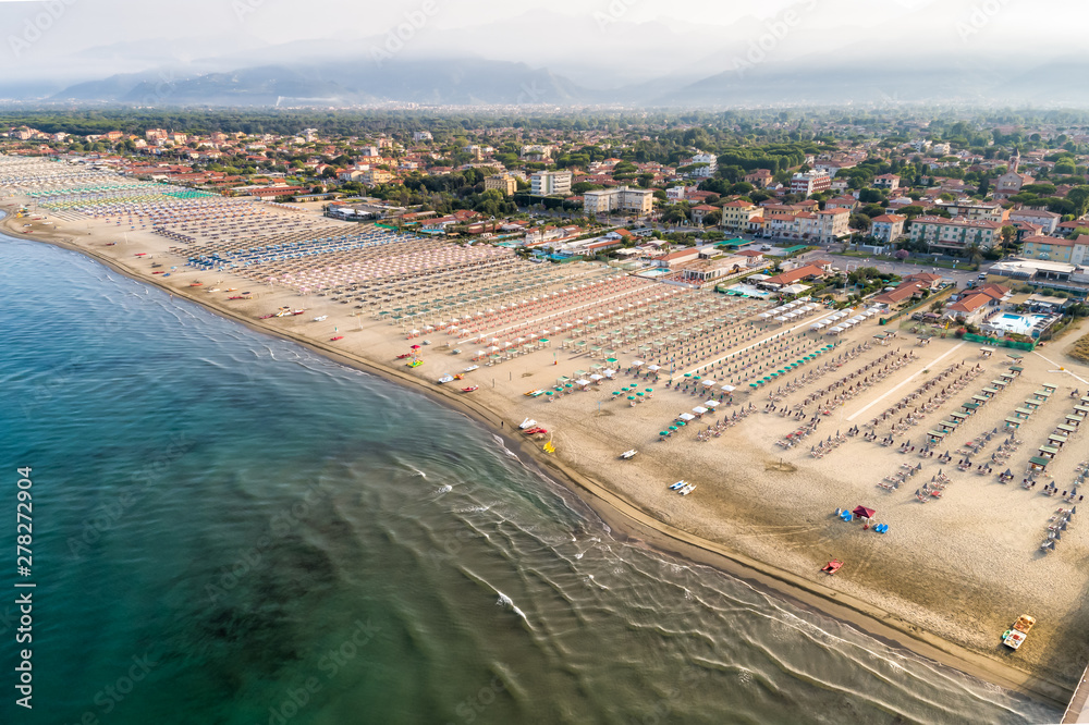 Aerial view of the Marina di Pietrasanta beach in the early morn